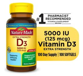 Nature Made Extra Strength Vitamin D3 5000 IU (125 mcg) Softgels, Dietary Supplement for Bone and Immune Health Support, 100 Count