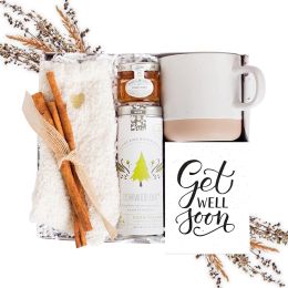 Get Well Soon Comforting Gift Basket for Women Soothing Self Care Box with Fluffy Socks Ceramic Mug Chai Tea Honey & Cinnamon for Mom Sister Friends a