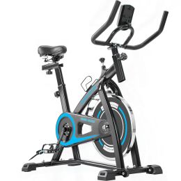 Indoor Cycling Bike Trainer with Comfortable Seat Cushion, Exercise Bike with Belt Drive System and LCD Monitor for Home Workout RT