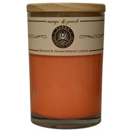 MANGO & PEACH by MASSAGE & AROMATHERAPY SOY CANDLE 12 OZ TUMBLER. A REFRESHING & UPLIFTING BLEND WITH SUNSTONE GEMSTONE. BURNS APPROX. 30+ HOURS