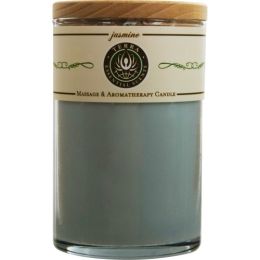 JASMINE by MASSAGE & AROMATHERAPY SOY CANDLE 12 OZ TUMBLER. A SOOTHING & SPIRITUAL BLEND WITH RHODOCHROSITE GEMSTONE. BURNS APPROX. 30+ HOURS