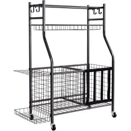 VEVOR Sports Equipment Garage Organizer, Rolling Ball Storage Cart on Wheels, Basketball Rack with Baskets & Hooks