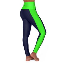 High Waisted Yoga Leggings, Navy Blue And Neon Green Beating Heart Sports Pants