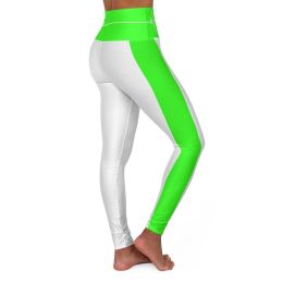 High Waisted Yoga Leggings, White And Neon Green White Bordered Beating Heart Sports Pants