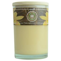 VANILLA by MASSAGE & AROMATHERAPY SOY CANDLE 12 OZ TUMBLER. A COMFORTING & WELCOMING BLEND WITH TIGER EYE GEMSTONE. BURNS APPROX. 30+ HOURS