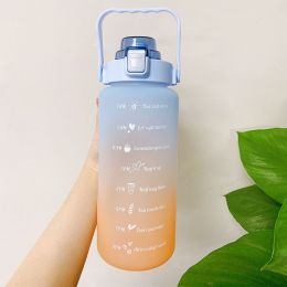 2L Large Capacity Water Bottle With Bounce Cover Time Scale Reminder Frosted Cup With Cute Stickers For Outdoor Sports Fitness (Color: Blue 1)