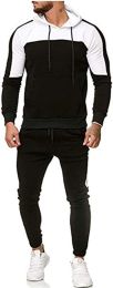 Men's Hooded Sweater Tracksuit Sports Casual Colorblock Sweater Jogger Pants 2-piece Set (Color: BLACK-M)