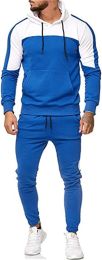 Men's Hooded Sweater Tracksuit Sports Casual Colorblock Sweater Jogger Pants 2-piece Set (Color: BLUE-XL)