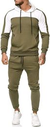 Men's Hooded Sweater Tracksuit Sports Casual Colorblock Sweater Jogger Pants 2-piece Set (Color: GREEN-L)