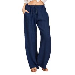 Women's Cotton Linen Pants Drawstring Yoga Trousers 7 Colors (Color: Navy, size: L)