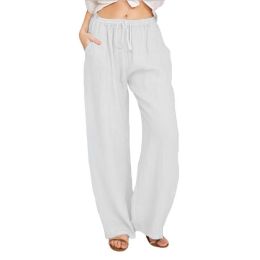 Women's Cotton Linen Pants Drawstring Yoga Trousers 7 Colors (Color: White, size: M)