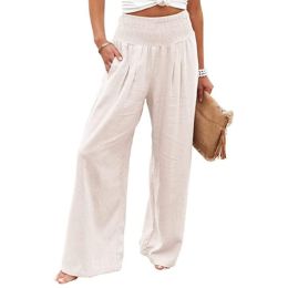 Women Cotton Linen Pants Casual Yoga Wide Leg Trousers (Color: White, size: S)