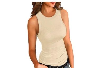 Ribbed Strap Low Cut Tight Sporty Workout Tank Tops (Color: Light, size: M)