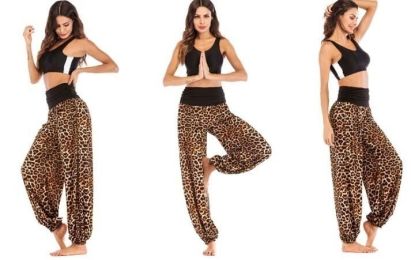 Women Casual Pants Smocked Waist Harem Hippie Boho Yoga Palazzo Casual Pants (Color: brown, size: L)