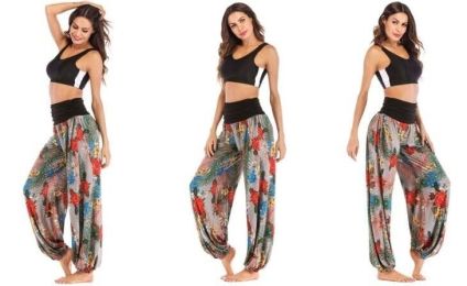 Women Casual Pants Smocked Waist Harem Hippie Boho Yoga Palazzo Casual Pants (Color: Gray, size: XS)