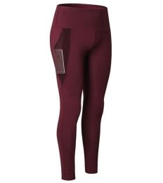 High Waist Out Pocket Yoga Pants Tummy Control Workout Running Yoga Leggings (Color: Dark Red, size: L)