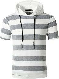 Men's New Muscle T-Shirt Gym Hooded Sports Short Sleeve Striped Slim T-Shirt (Color: Light gray-M)