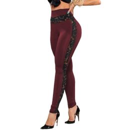 Lace Panel Side Leggings Yoga Pants (Color: Red, size: XL)