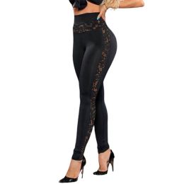 Lace Panel Side Leggings Yoga Pants (Color: Black, size: L)