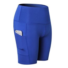 Women's Shorts Yoga Workout Running Compression Exercise Shorts Side Pockets (Color: Blue, size: L)