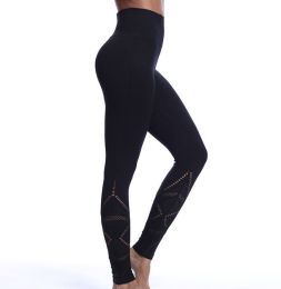 Leggings High Waist Hips Tight Stretch Openwork Quick Dry Fitness Yoga Pants Slim (Color: Black, size: M)