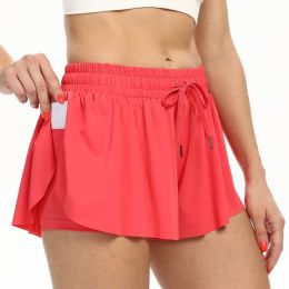 2 in 1 Flowy Tennis Skirts for Women Gym Yoga Shorts Athletic Running Workout Exercise Fitness Comfy Lounge Shorts Summer (Color: Red, size: XXL)