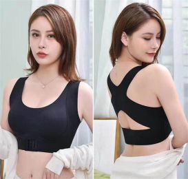 Women Bra Posture Corrector Bralette Front Closure Bras Fitness Vest Push Up Bra Female Brassiere Underwear Cross Back Tank Tops (Color: Black, size: XXL)