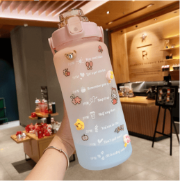 2 Liter Water Bottle With Straw Motivational Water Jug Plastic Frosted Bottles With Time Marker Outdoor Sports Water Bottles Cup (Color: B-Pink Blue)