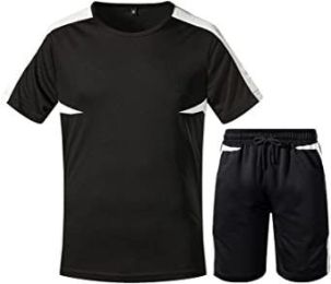 Men's Casual Splicing Printed Suits Short Sleeve Shorts Loose T-Shirt Sport Suits (Color: BLACK-S)