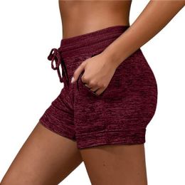 Women's bottoming quick-drying shorts yoga pants casual sports waist tie elastic shorts (Color: Burgundy, size: M)