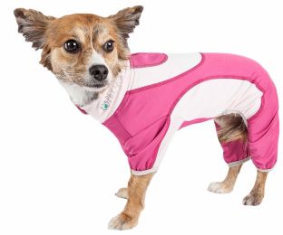 Pet Life Active 'Warm-Pup' Heathered Performance 4-Way Stretch Two-Toned Full Body Warm Up (Color: Pink, size: large)