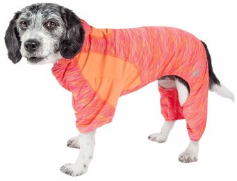 Pet Life Active 'Downward Dog' Heathered Performance 4-Way Stretch Two-Toned Full Body Warm Up Hoodie (Color: orange, size: X-Small)