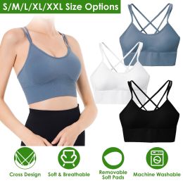 3Packs Women Cross Back Sport Bras Padded Strappy Medium Support Bras (Color: Black+White+Blue, size: L)