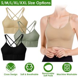 3Packs Women Cross Back Sport Bras Padded Strappy Medium Support Bras (Color: Green+Black+Beige, size: L)