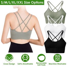 3Packs Women Cross Back Sport Bras Padded Strappy Medium Support Bras (Color: Green+Black+White, size: XL)