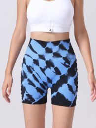 Women's Tie-dye Side Bow Hollow High Waist Hip Lifting Sports Fitness Yoga Shorts (Color: Blue, size: M)