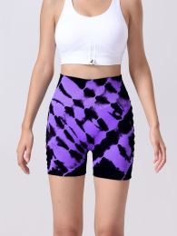 Women's Tie-dye Side Bow Hollow High Waist Hip Lifting Sports Fitness Yoga Shorts (Color: Purple, size: L)