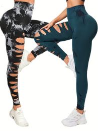 2 Pack Hollow Sexy High Elastic Women's Tie Dye Cutout Tights High Waist Workout Yoga Leggings, Scrunch Butt Lifting Elastic Pants (Color: 2PACK6, size: S)