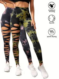 2 Pack Hollow Sexy High Elastic Women's Tie Dye Cutout Tights High Waist Workout Yoga Leggings, Scrunch Butt Lifting Elastic Pants (Color: 2PACK17, size: S)