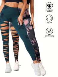 2 Pack Hollow Sexy High Elastic Women's Tie Dye Cutout Tights High Waist Workout Yoga Leggings, Scrunch Butt Lifting Elastic Pants (Color: 2PACK11, size: L)