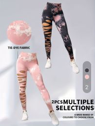 2 Pack Hollow Sexy High Elastic Women's Tie Dye Cutout Tights High Waist Workout Yoga Leggings, Scrunch Butt Lifting Elastic Pants (Color: 2PACK3, size: S)