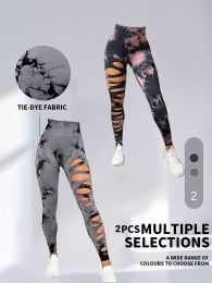 2 Pack Hollow Sexy High Elastic Women's Tie Dye Cutout Tights High Waist Workout Yoga Leggings, Scrunch Butt Lifting Elastic Pants (Color: 2PACK2, size: S)