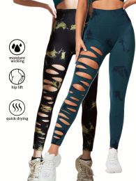 2 Pack Hollow Sexy High Elastic Women's Tie Dye Cutout Tights High Waist Workout Yoga Leggings, Scrunch Butt Lifting Elastic Pants (Color: 2PACK15, size: S)