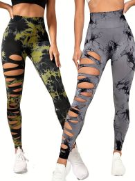 2 Pack Hollow Sexy High Elastic Women's Tie Dye Cutout Tights High Waist Workout Yoga Leggings, Scrunch Butt Lifting Elastic Pants (Color: 2PACK14, size: M)