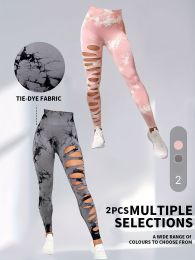 2 Pack Hollow Sexy High Elastic Women's Tie Dye Cutout Tights High Waist Workout Yoga Leggings, Scrunch Butt Lifting Elastic Pants (Color: 2PACK5, size: M)