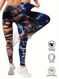 2 Pack Hollow Sexy High Elastic Women's Tie Dye Cutout Tights High Waist Workout Yoga Leggings, Scrunch Butt Lifting Elastic Pants (Color: 2PACK10, size: L)