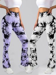 2 Pack Tie Dyed High Waisted Flared Butt-lifting Fitness Sports Women's Yoga Bell-bottom Pants, Workout Leggings For Women (Color: 2PACK2, size: M)