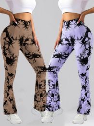 2 Pack Tie Dyed High Waisted Flared Butt-lifting Fitness Sports Women's Yoga Bell-bottom Pants, Workout Leggings For Women (Color: 2PACK6, size: L)