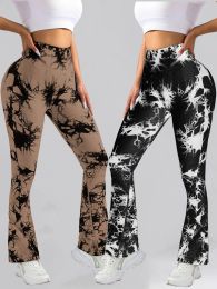 2 Pack Tie Dyed High Waisted Flared Butt-lifting Fitness Sports Women's Yoga Bell-bottom Pants, Workout Leggings For Women (Color: 2PACK4, size: M)