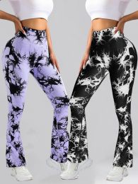 2 Pack Tie Dyed High Waisted Flared Butt-lifting Fitness Sports Women's Yoga Bell-bottom Pants, Workout Leggings For Women (Color: 2PACK5, size: M)